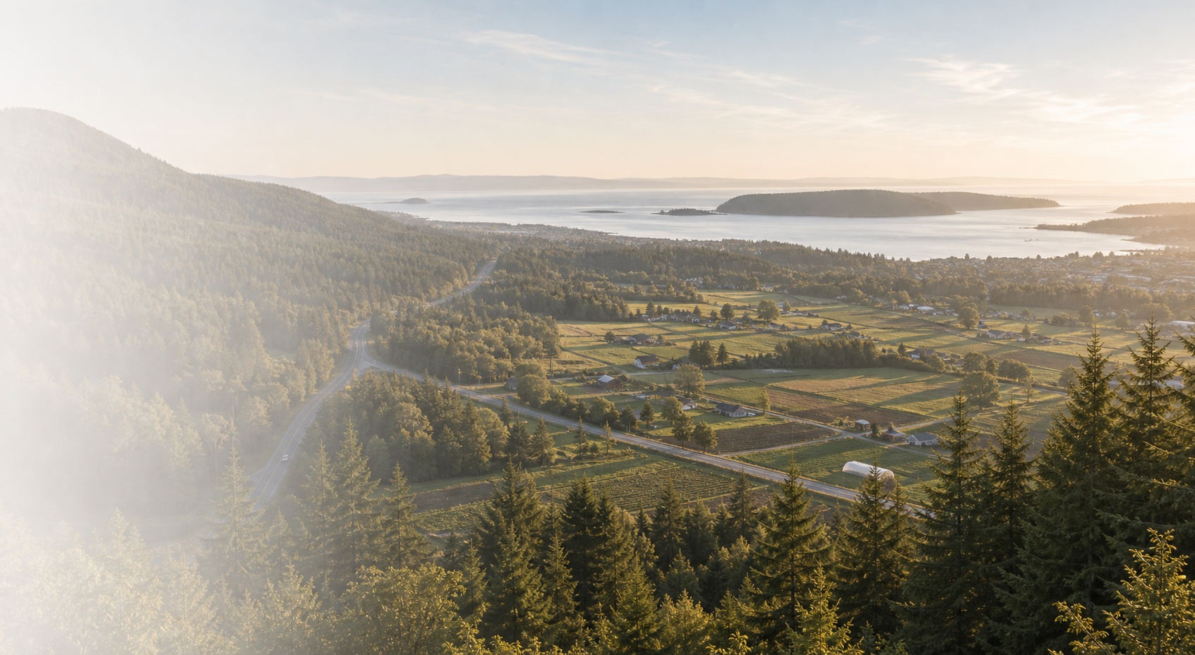 Morning view over Nanaimo farmland toward the harbour.